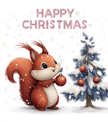  Festive Squirrel Decorating a Snowy Christmas Tree with Red Baubles and Happy Christmas Greeting