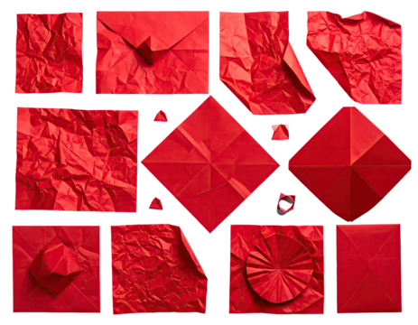 A collage of various red paper shapes folded, crumpled, and arranged on black
