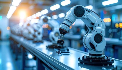 Automated White Robotic Arms Assembling Automotive Parts on Conveyor Belt in Factory with Bright Overhead Lighting