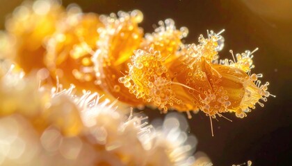 Close Up Golden Flower Bud Covered with Water Droplets in Sunlight