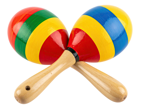 Two vibrantly painted maracas crossed against a transparent background