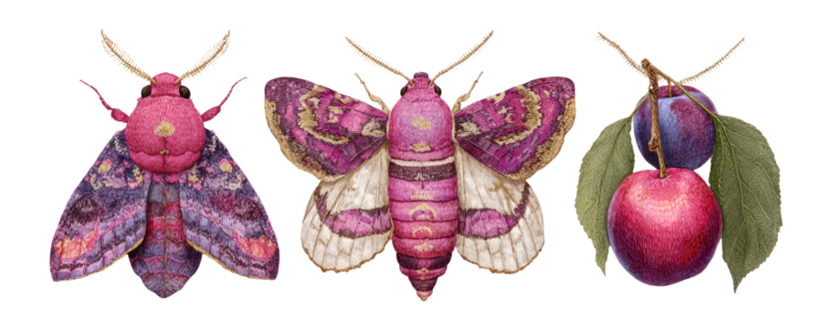 Decorative Illustrations of Purple Moths and Plum Fruit Isolated on Transparent Background