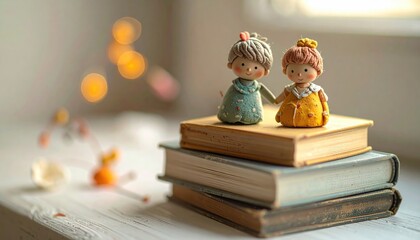 Decorative Dolls Dressed in Colorful Frocks on Stack of Old Books Near Window with Bokeh Lights in Soft Warm Light