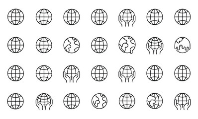 World globe line icon. Vector Earth global country map planet line icon. Travel internet globe set