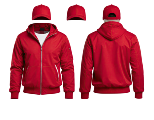 Red jacket with a matching cap shown in front, top, and back views