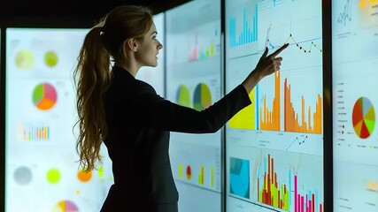 Businesswoman presenting data on interactive screens with charts and graphs analytics - Powered by Adobe