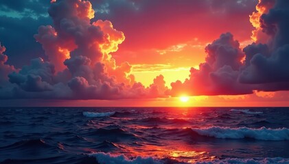 Fiery sunrise colors explode across vast ocean, dramatic cloudscape, ocean landscape, cloud formations, landscape