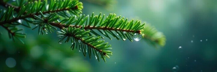 Fir branches laden with crystal clear raindrops , outdoor, wet, wild