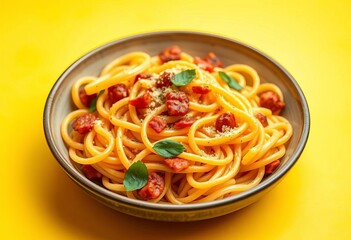 Close-up of delicious pasta dish on vibrant yellow background, dinner, pasta