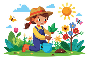 Joyful Boy Enjoying Gardening with Bright Flowers and Sun