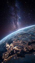 Naklejka premium View from orbit showing planet Earth at night with glowing atmosphere city lights and cosmic space background symbolizing unity mystery and global connection.