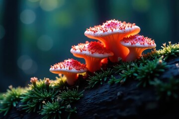 Glowing, bioluminescent fungi cluster on mossy log, shine, whimsical, enchanted