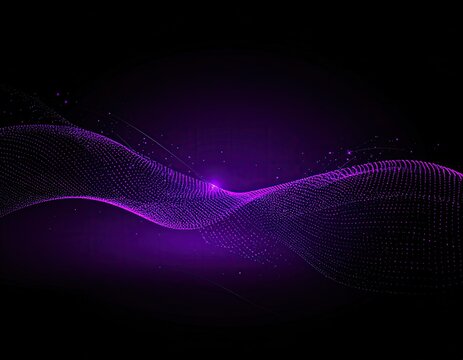 Abstract purple particle wave on a black background, bright spot in the middle