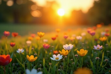 Golden light bathes blooming meadow, sunrise spectacle, flora, yellow, sun