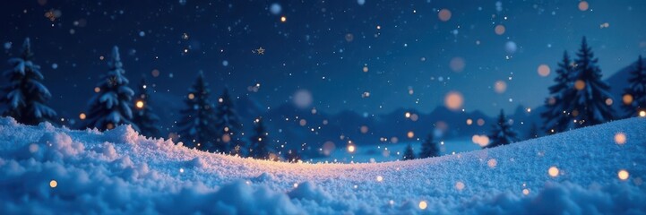 Golden snowflakes fall on serene snowy landscape, deep blue night sky , Winter, season's greetings, delicate