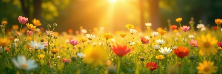 Golden sunlight streams through wildflowers in a vibrant meadow , clear, sunbeams, yellow