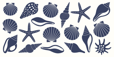 Navy Blue Seashell and Starfish Silhouettes &mdash; Sea Themed Marine Element Collection for Summer Crafts, Packaging, Branding, Design Projects, Backgrounds, and Print Use