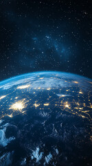 Obraz premium View from orbit showing planet Earth at night with glowing atmosphere city lights and cosmic space background symbolizing unity mystery and global connection.
