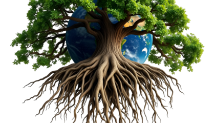 Earth with roots growing downward like a giant tree, symbolizing life, white background.