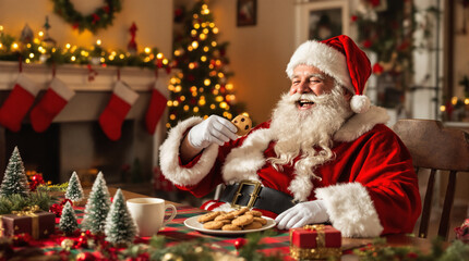 Santa Claus eating cookies at a decorated Christmas table.