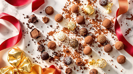 Luxurious flat lay of assorted chocolates and truffles with golden wrappers on marble background.