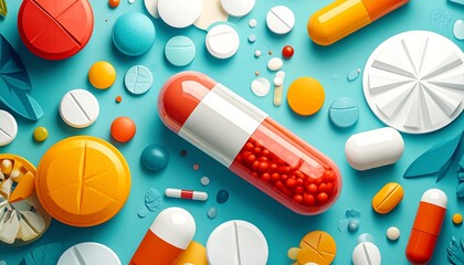 An overhead shot showcases colorful pills and capsules artfully scattered on a light blue surface, suggesting healthcare & medication