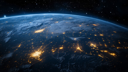 Fototapeta premium View from orbit showing planet Earth at night with glowing atmosphere city lights and cosmic space background symbolizing unity mystery and global connection.