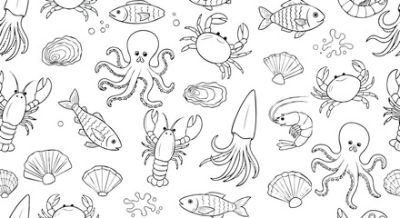 A monochrome illustration showcasing various marine creatures, including fish, crabs, and octopuses, in a repeating pattern.