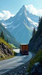 Majestic mountain pass, truck hauling cargo uphill, alpine, hills, delivery service