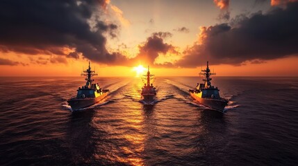 Sunset over navy fleet at sea with ships forming a symmetrical line against a colorful sky
