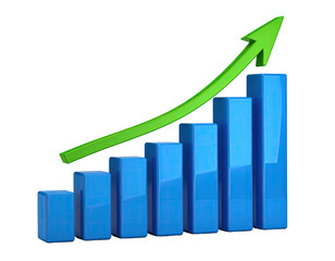 Blue bar chart illustrating growth, with a bright green arrow pointing upwards