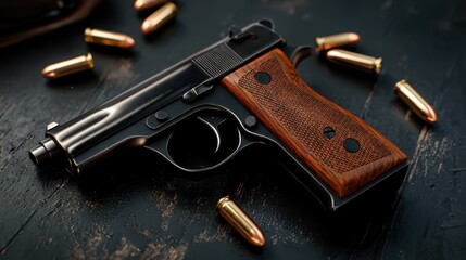 Fototapeta premium Detailed close-up of a handgun displayed among scattered bullets on a dark wooden surface during a focused still life arrangement