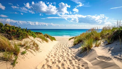 Idyllic Sandy Beach Path Leading to Turquoise Ocean Under Cloudy Blue Sky