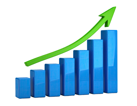 Blue bar chart illustrating growth, with a bright green arrow pointing upwards