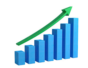 3D blue bar graph with increasing heights and a green upward arrow