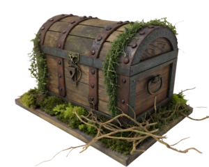 Antique Wooden Treasure Chest Encrusted with Moss and Vines Revealing a Hidden Discovery and Adventure in a Mystical Forest Setting
