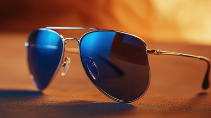 Stylish silver sunglasses with blue lenses positioned on a surface against a warm, textured background showcasing an elegant and modern aesthetic