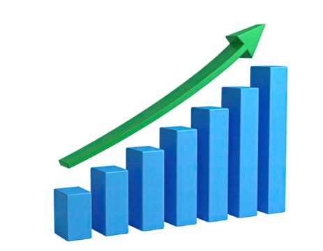 3D blue bar graph with increasing heights and a green upward arrow
