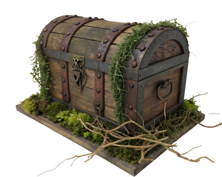 Antique Wooden Treasure Chest Encrusted with Moss and Vines Revealing a Hidden Discovery and Adventure in a Mystical Forest Setting
