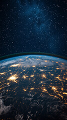 Obraz premium View from orbit showing planet Earth at night with glowing atmosphere city lights and cosmic space background symbolizing unity mystery and global connection.