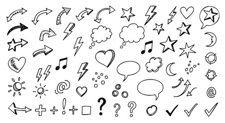 A collection of hand-drawn black and white doodle elements, including arrows, stars, and speech bubbles.