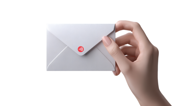 Elegant Hand Holding Smart Envelope with Wireless Communication Icon, Isolated on Black