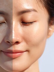 Fototapeta premium Asian woman face close-up, half sensitive redness, half clear healthy radiant skin, cosmetic skincare comparison