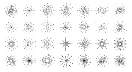 Collection of various starburst and sunburst vector designs in a black and white pattern.
