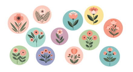 A collection of stylized floral illustrations displayed in colorful circular designs.