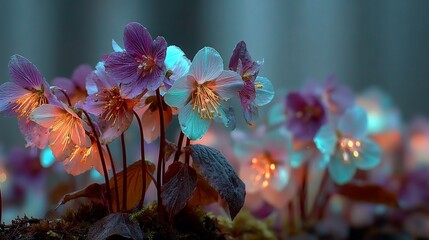 Illuminated hellebore flowers glow ethereal, pastel hues on soft foliage and stems against muted backdrop
