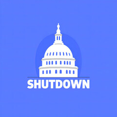 A minimalist design featuring a government building silhouette with the word "SHUTDOWN" prominently displayed against a blue background