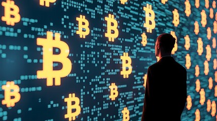 Man in suit looking at glowing Bitcoin symbols on digital screen cryptocurrency digital currency
