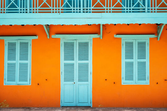 Orange and blue colonial building on Goree Island near Dakar, Senegal