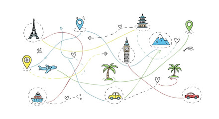 A whimsical illustration depicting a travel route with various landmarks and transportation methods.